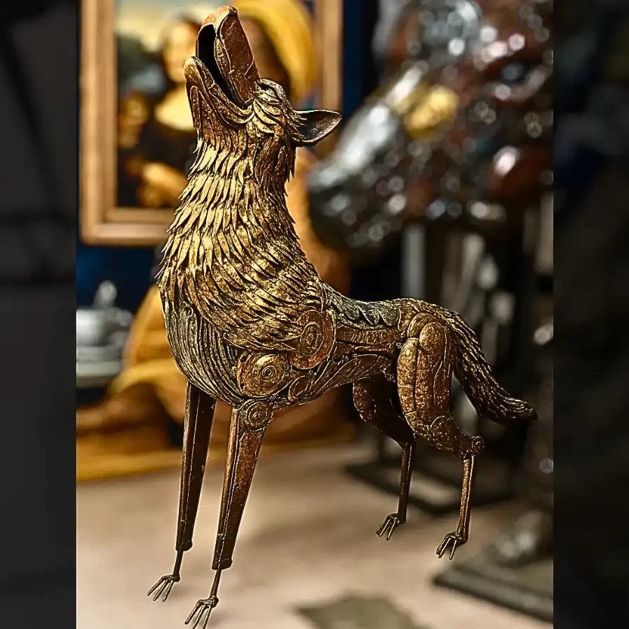 Lunar Howl – Handcrafted Recycled Golden Wolf Sculpture by Imperium