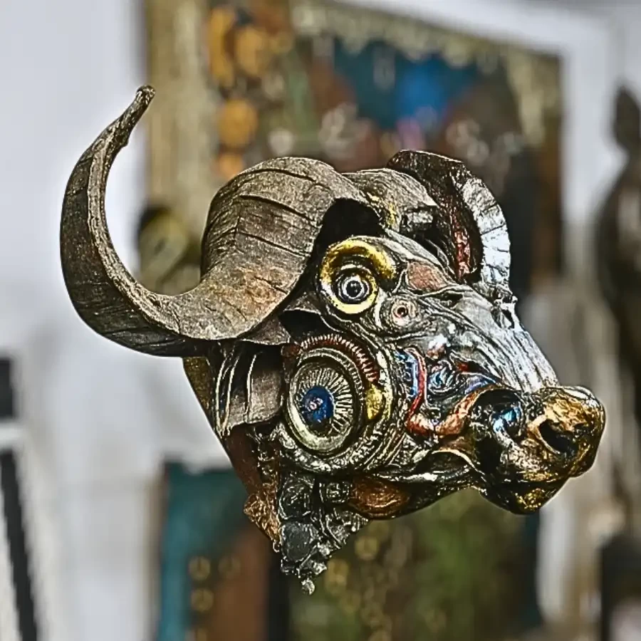 Horned Guardian – Handcrafted Recycled Metal Buffalo Head Sculpture by Imperium