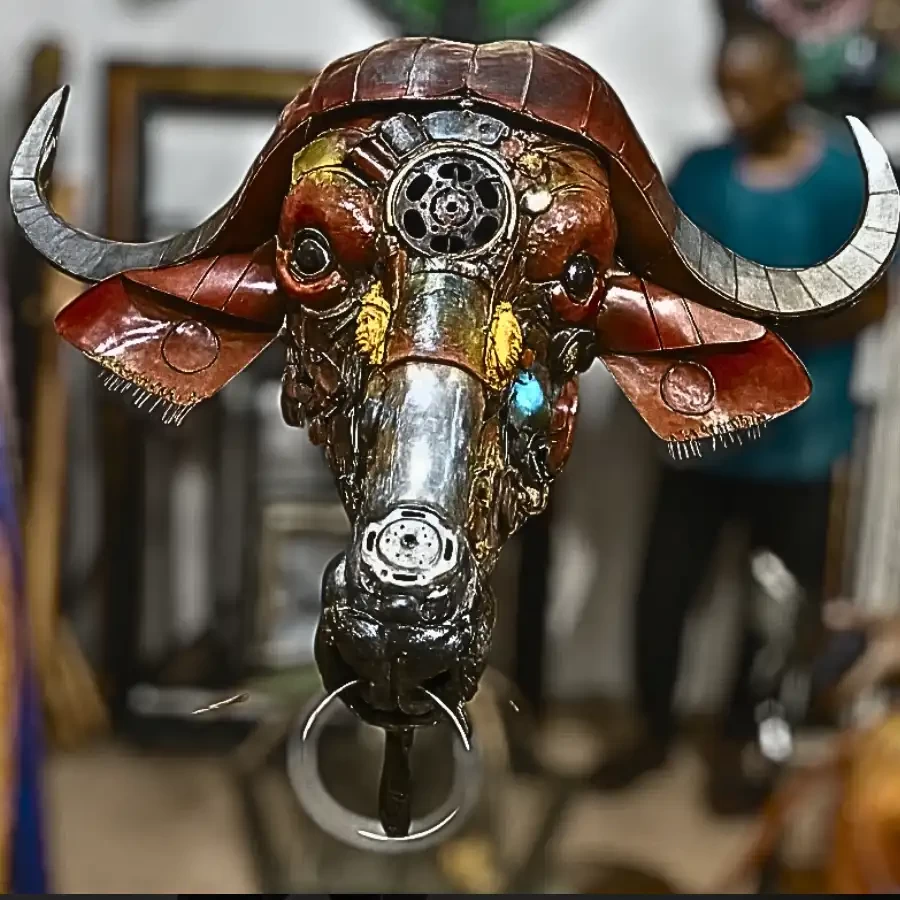Crimson Sentinel – Handcrafted Recycled Metal Buffalo Head Sculpture by Imperium
