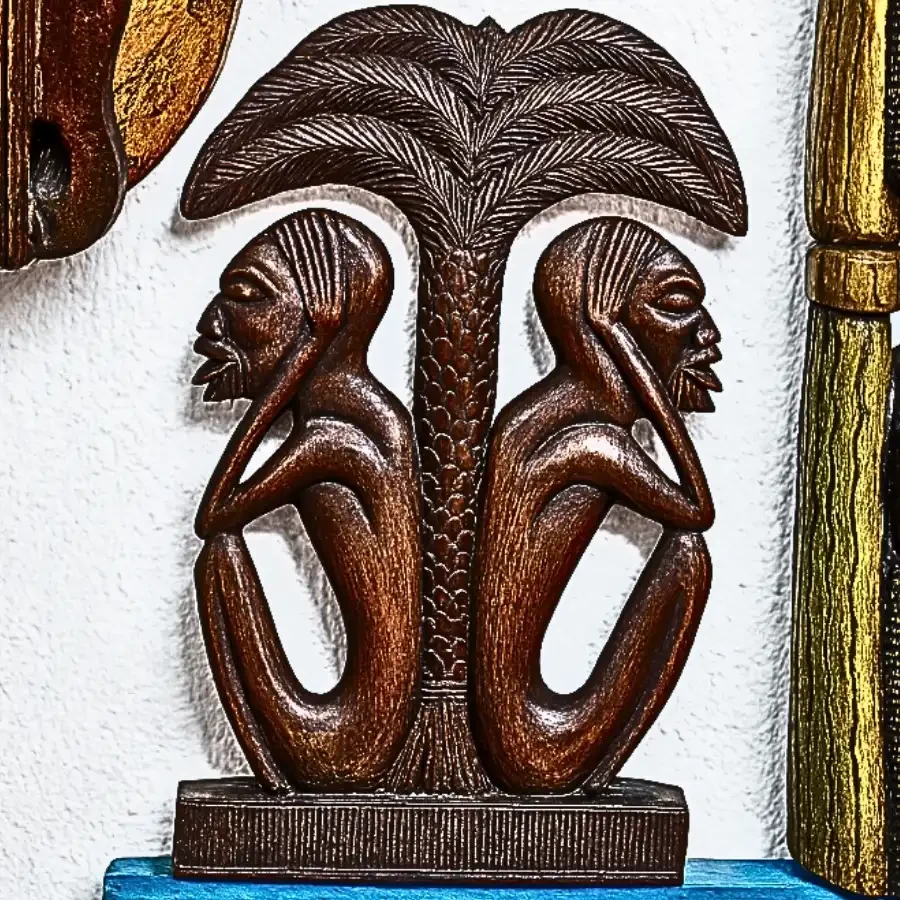 Echoes Beneath the Palm – Handcarved Wooden Double-Figure Sculpture by Imperium
