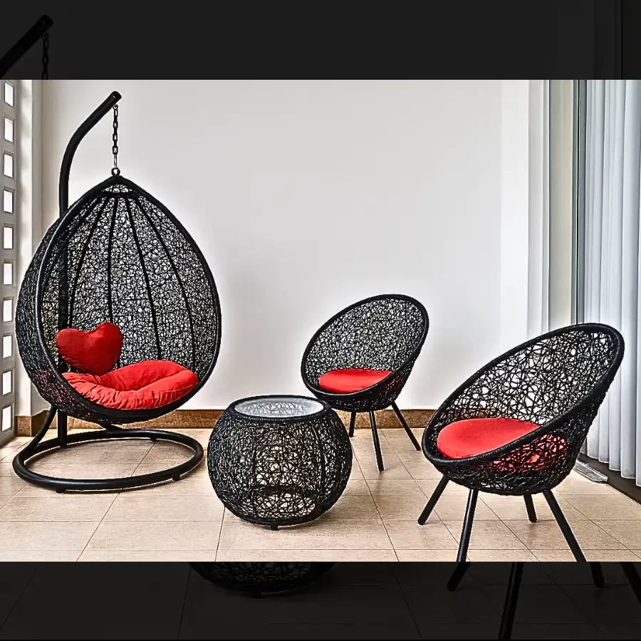 Imperium “Crimson Weave” Black Rattan Egg Chair Set